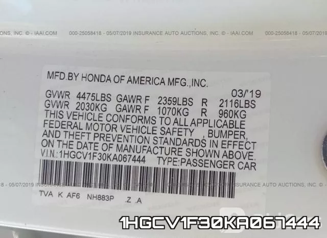 1HGCV1F30KA067444 фото 10