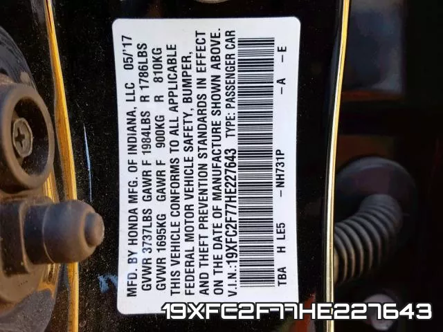 19XFC2F77HE227643 фото 2