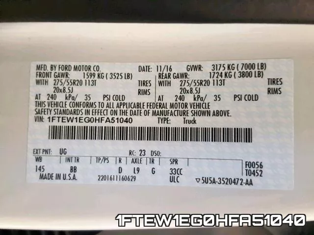 1FTEW1EG0HFA51040 фото 2