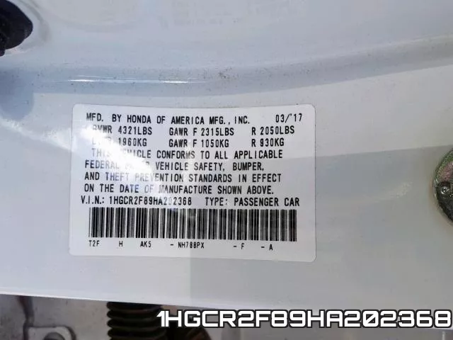 1HGCR2F89HA202368 фото 2