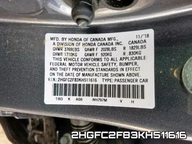 2HGFC2F83KH511616 фото 2