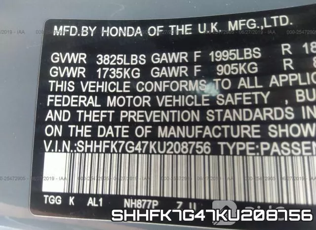 SHHFK7G47KU208756 фото 10