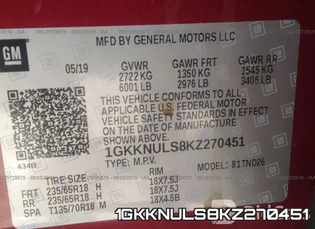 1GKKNULS8KZ270451 фото 10