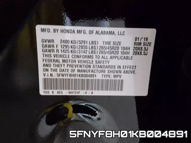 5FNYF8H01KB004891 фото 2