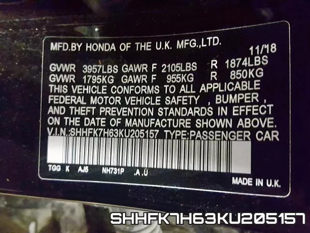 SHHFK7H63KU205157 фото 2
