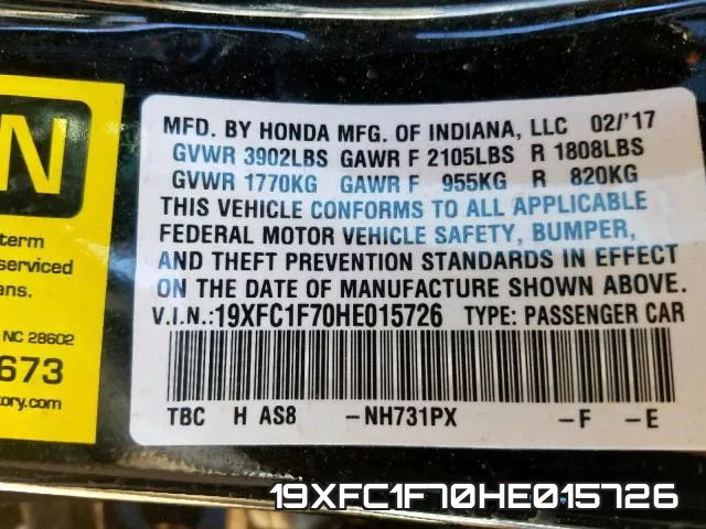 19XFC1F70HE015726 фото 2