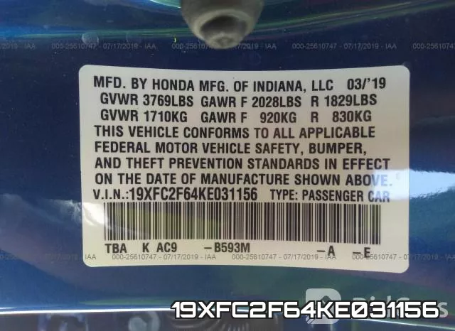 19XFC2F64KE031156 фото 10