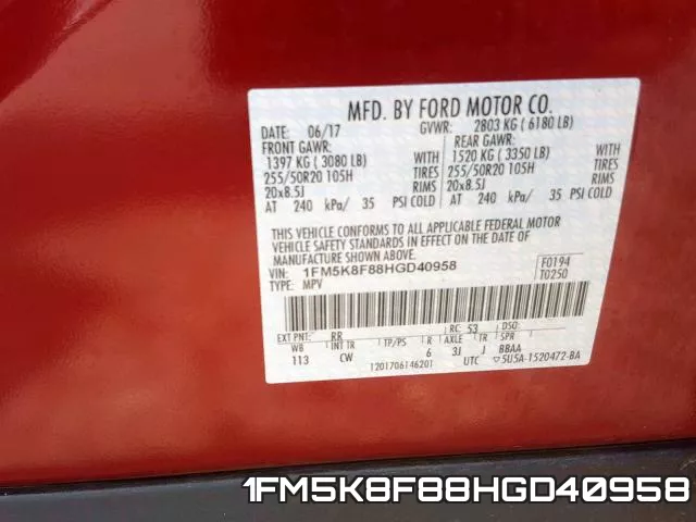 1FM5K8F88HGD40958 фото 2