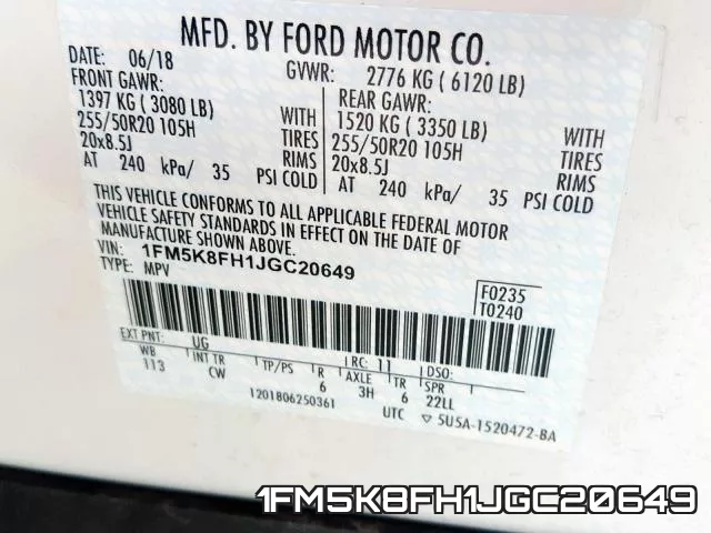 1FM5K8FH1JGC20649 фото 2