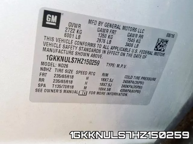 1GKKNULS7HZ150259 фото 2
