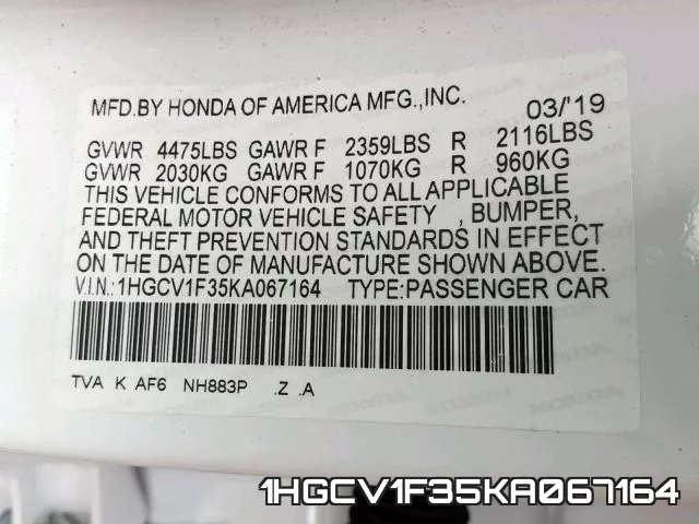 1HGCV1F35KA067164 фото 2