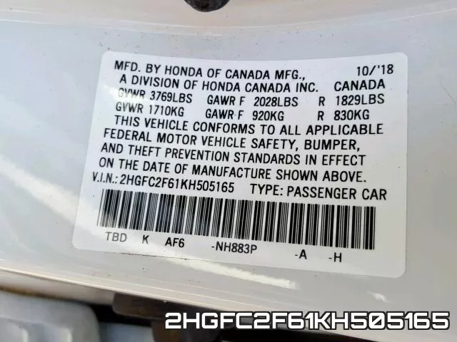 2HGFC2F61KH505165 фото 2
