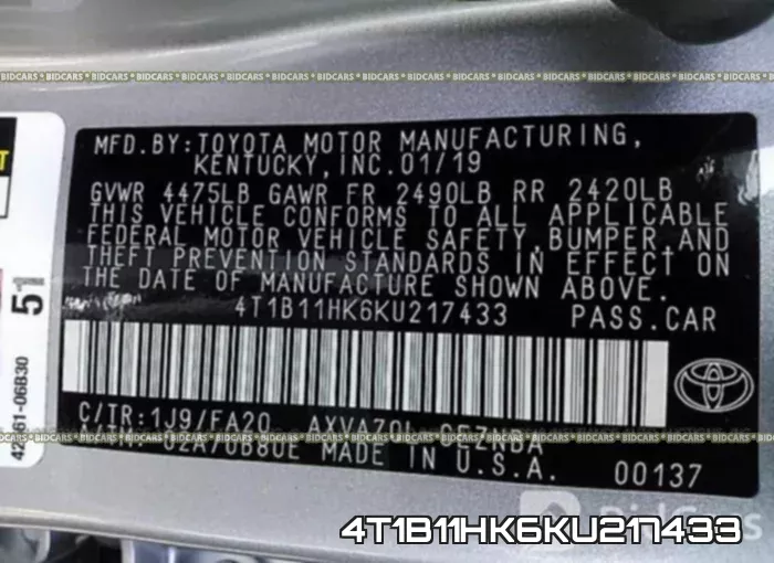 4T1B11HK6KU217433 фото 10