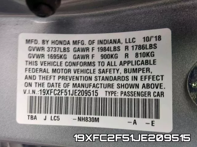 19XFC2F51JE209515 фото 2