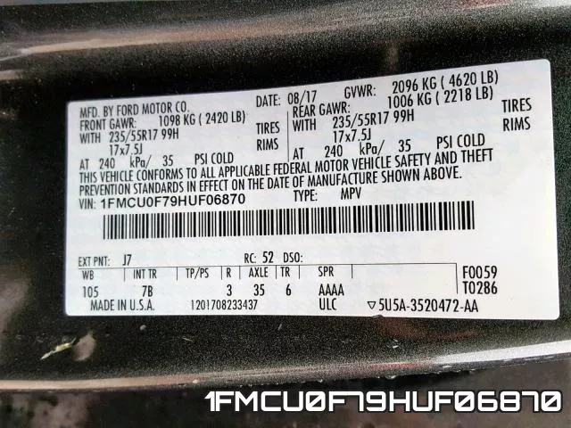 1FMCU0F79HUF06870 фото 2