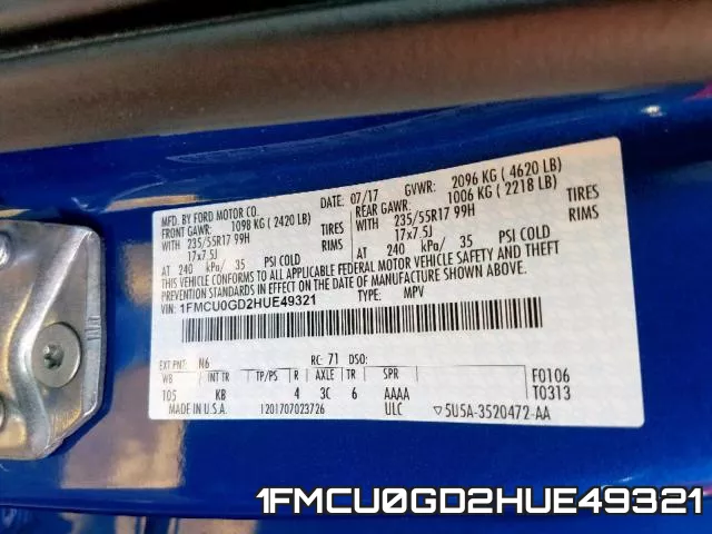 1FMCU0GD2HUE49321 фото 2