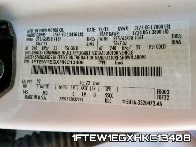 1FTEW1EGXHKC13408 фото 2