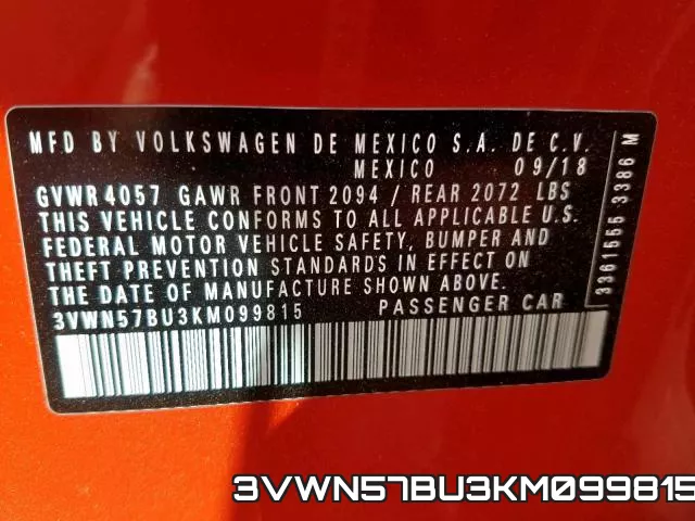 3VWN57BU3KM099815 фото 2