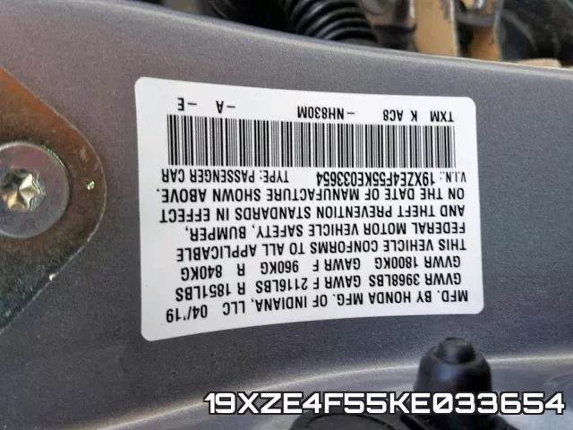 19XZE4F55KE033654 фото 2