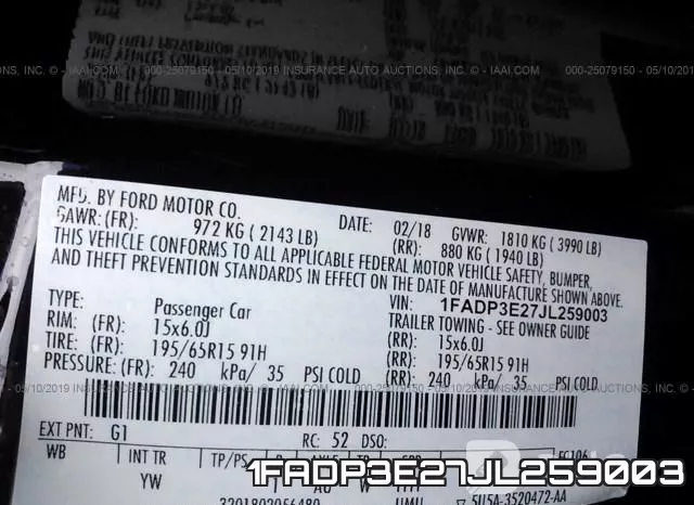 1FADP3E27JL259003 фото 10