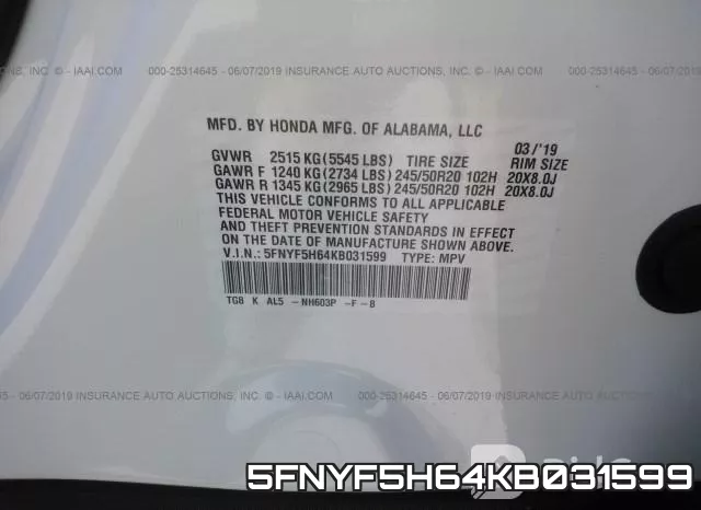 5FNYF5H64KB031599 фото 10