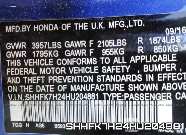 SHHFK7H24HU204881 фото 10