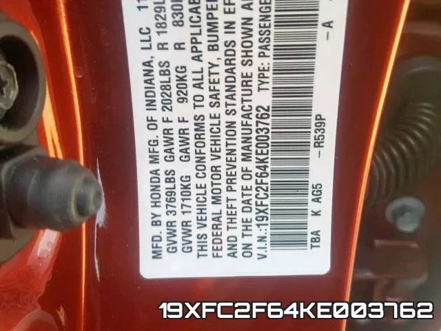 19XFC2F64KE003762 фото 2