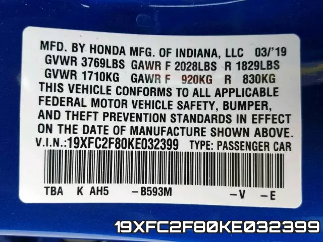 19XFC2F80KE032399 фото 2