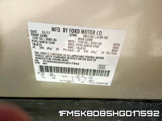 1FM5K8D85HGD17592 фото 2