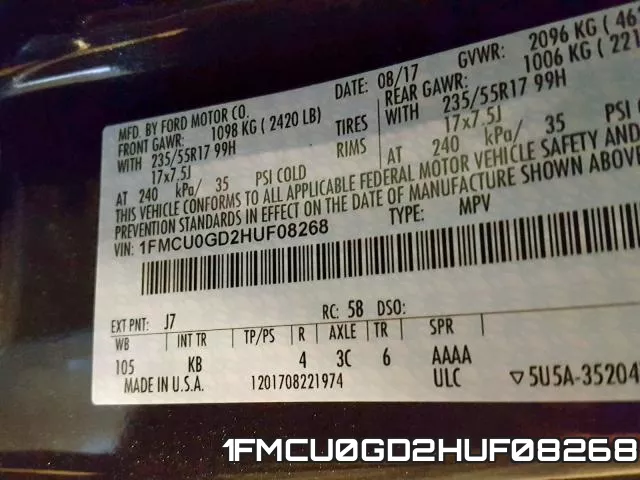 1FMCU0GD2HUF08268 фото 2