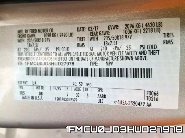 1FMCU0JD3HUD27978 фото 2