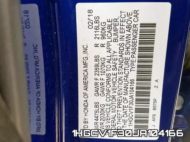1HGCV1F30JA104166 фото 2