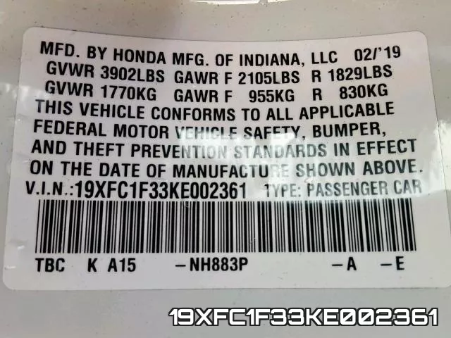 19XFC1F33KE002361 фото 2
