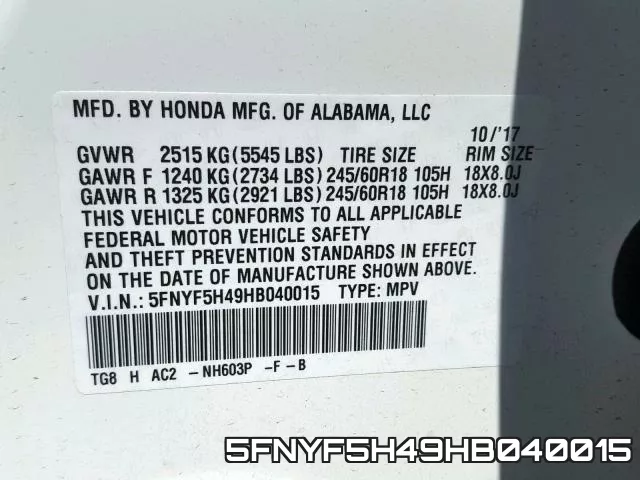 5FNYF5H49HB040015 фото 2