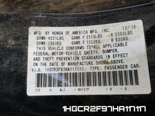 1HGCR2F97HA117117 фото 2