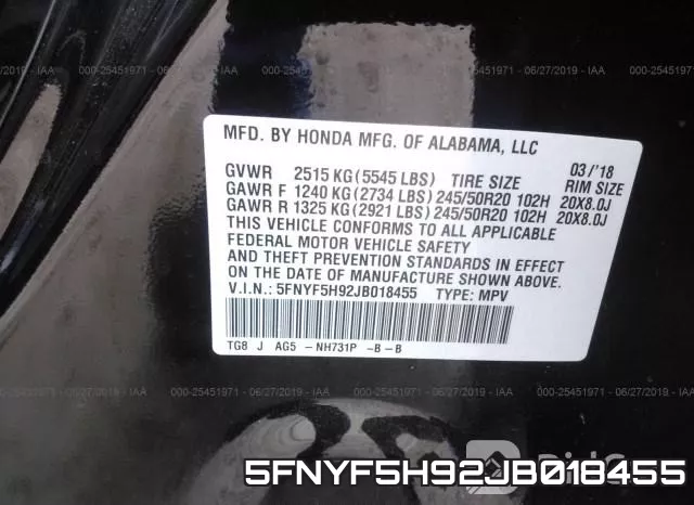 5FNYF5H92JB018455 фото 10