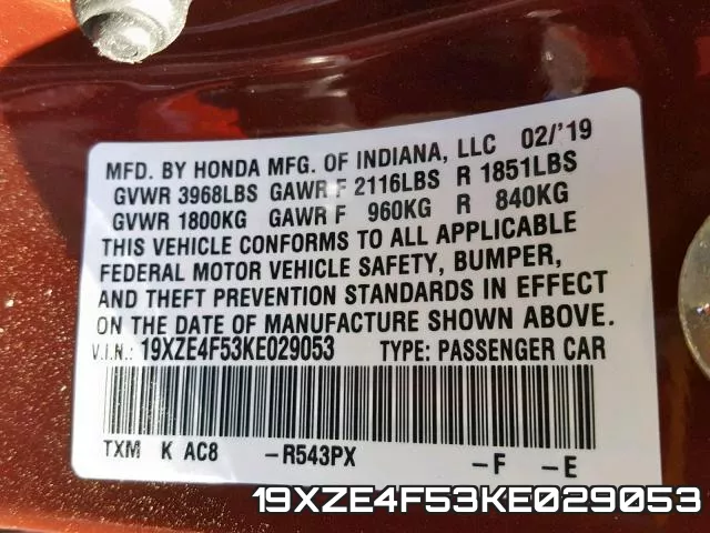 19XZE4F53KE029053 фото 2