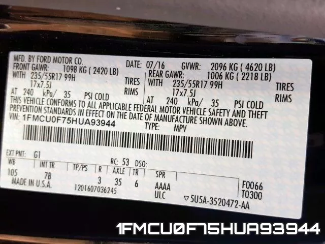 1FMCU0F75HUA93944 фото 2
