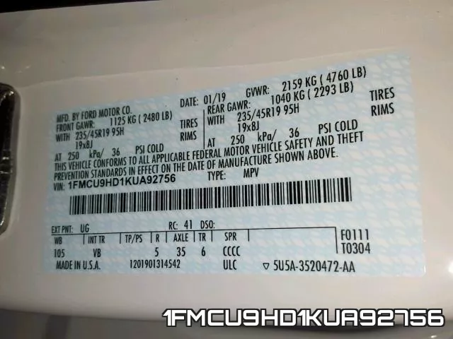 1FMCU9HD1KUA92756 фото 2