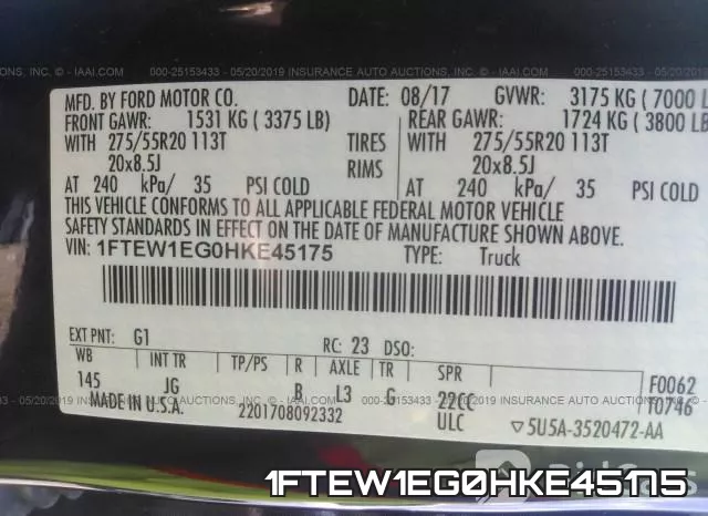 1FTEW1EG0HKE45175 фото 10