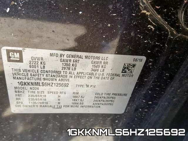 1GKKNMLS6HZ125692 фото 2