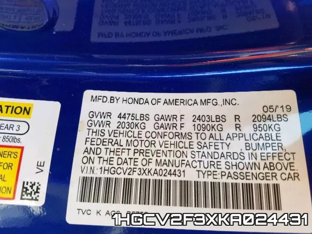 1HGCV2F3XKA024431 фото 2