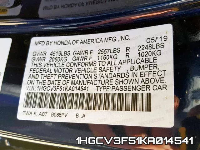 1HGCV3F51KA014541 фото 2
