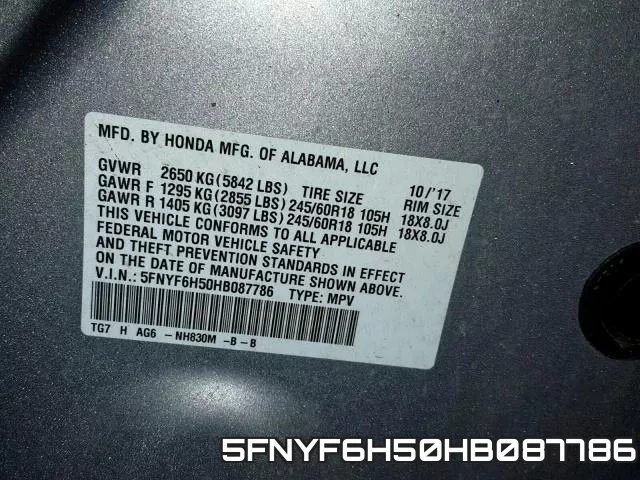 5FNYF6H50HB087786 фото 2
