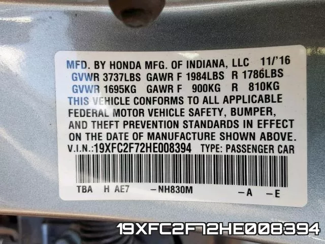 19XFC2F72HE008394 фото 2