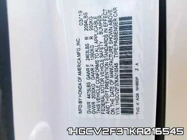 1HGCV2F37KA016545 фото 2