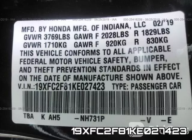 19XFC2F81KE027423 фото 10