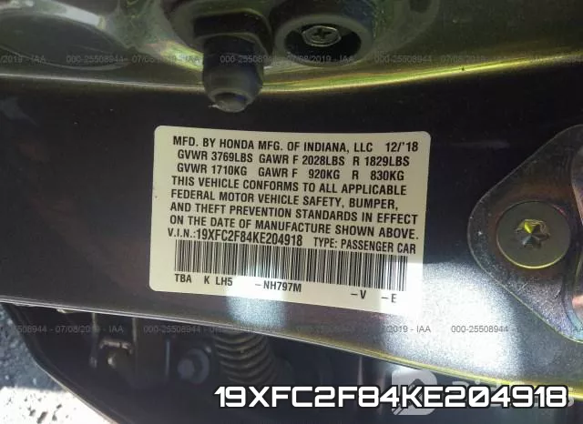 19XFC2F84KE204918 фото 9