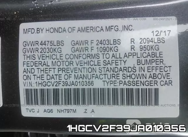 1HGCV2F39JA010356 фото 10
