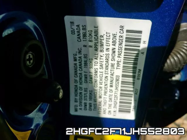 2HGFC2F71JH552803 фото 2